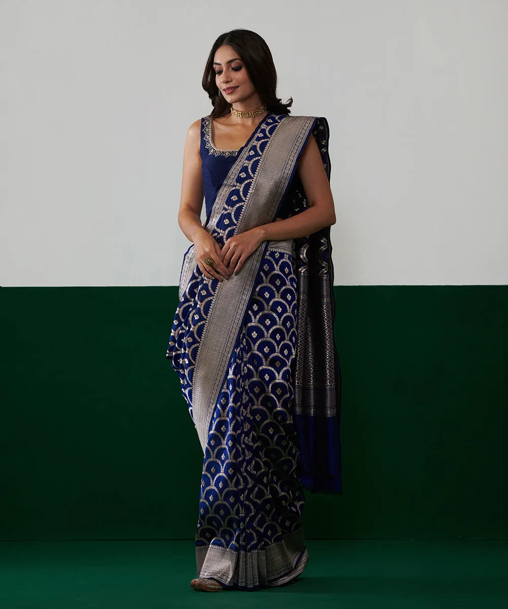 Handloom Dark Blue Pure Katan Silk Banarasi Jangla Saree With Cutwork Weave