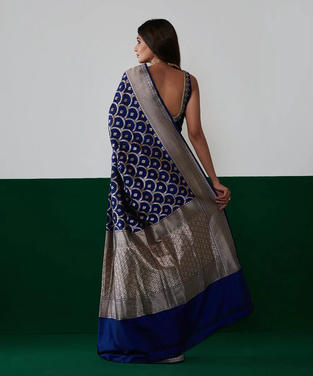 Handloom Dark Blue Pure Katan Silk Banarasi Jangla Saree With Cutwork Weave