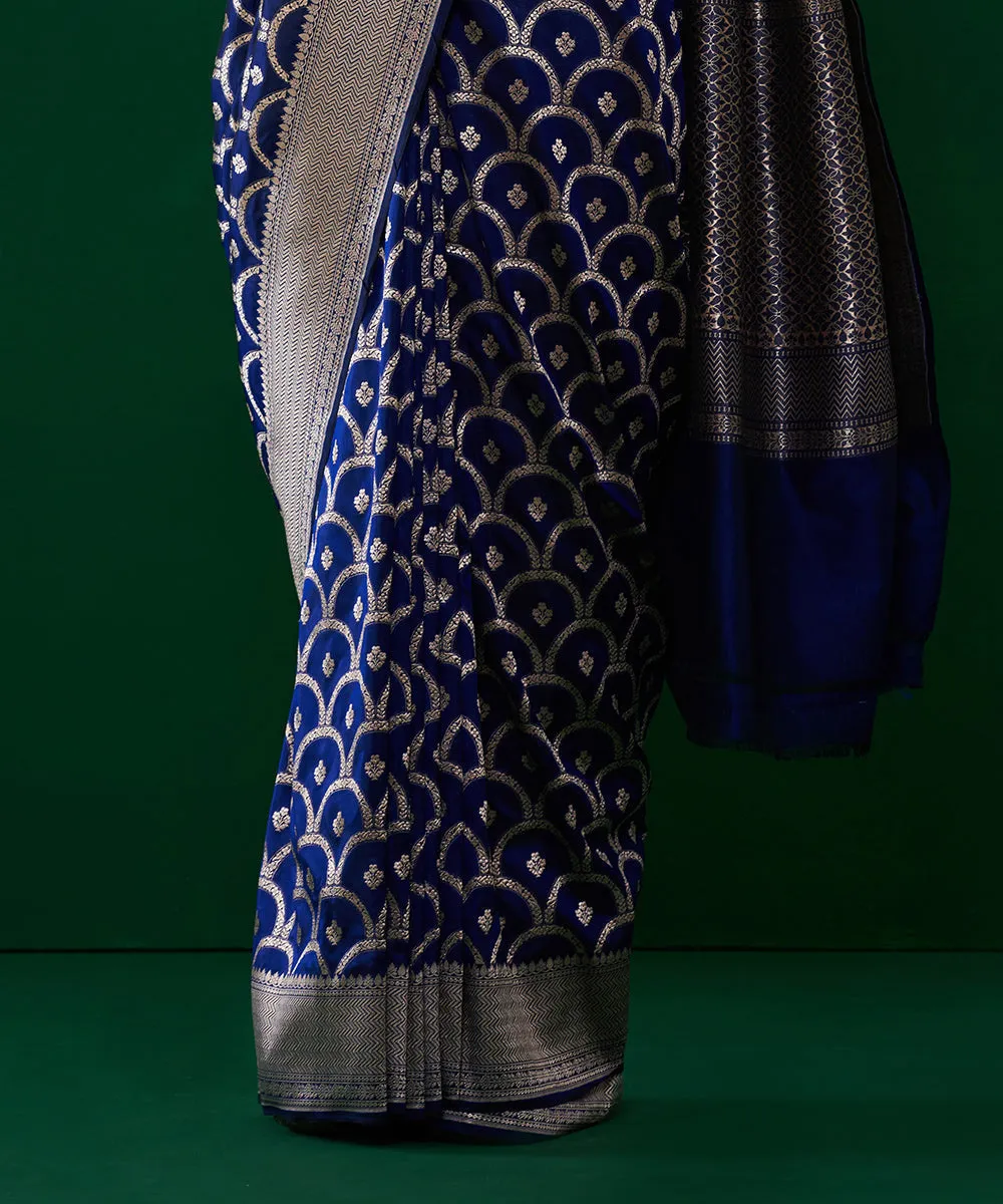 Handloom Dark Blue Pure Katan Silk Banarasi Jangla Saree With Cutwork Weave