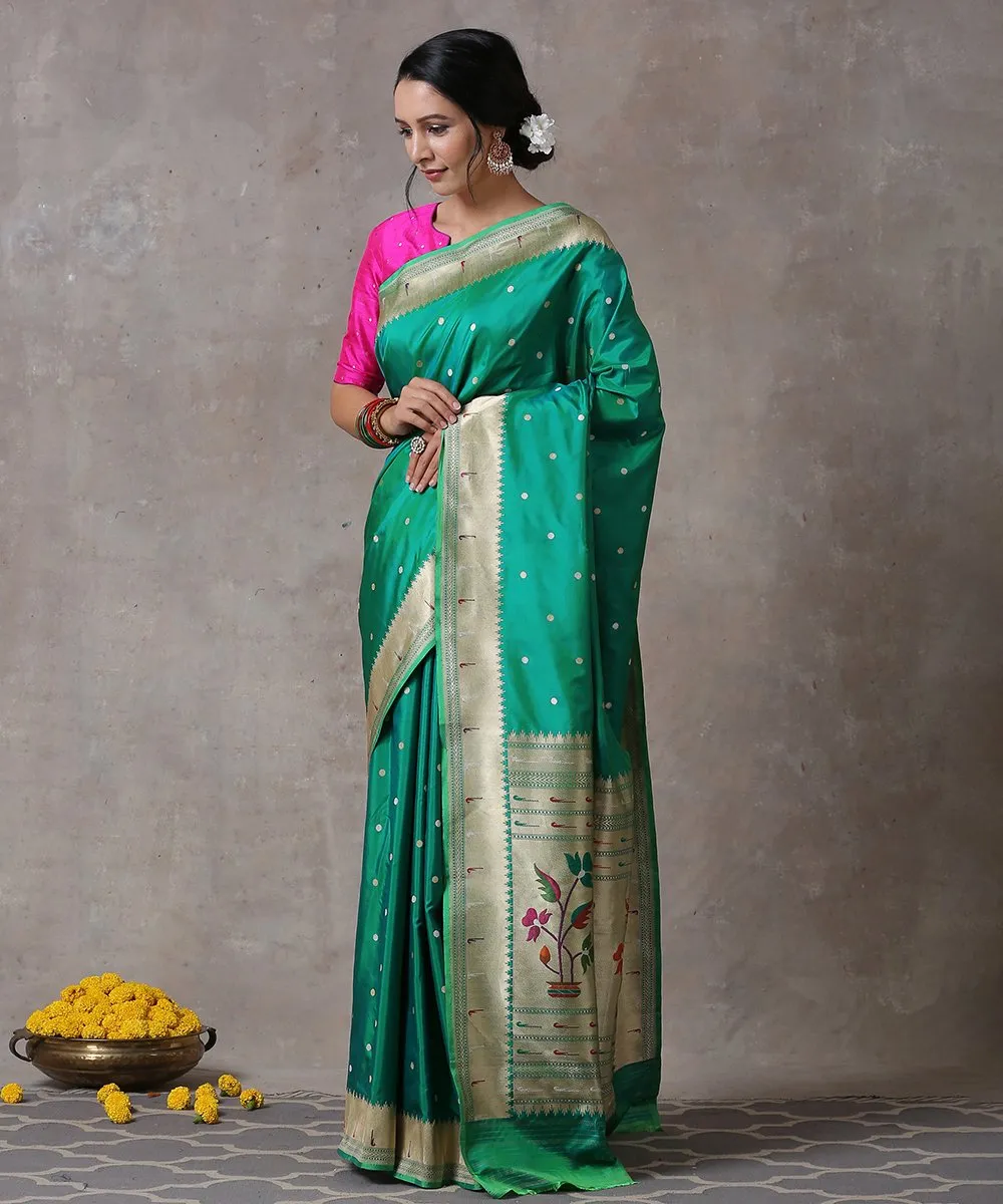 Handloom Emerald Green Pure Katan Silk Banarasi Saree With Paithani Border