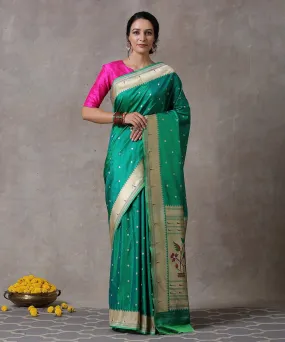 Handloom Emerald Green Pure Katan Silk Banarasi Saree With Paithani Border