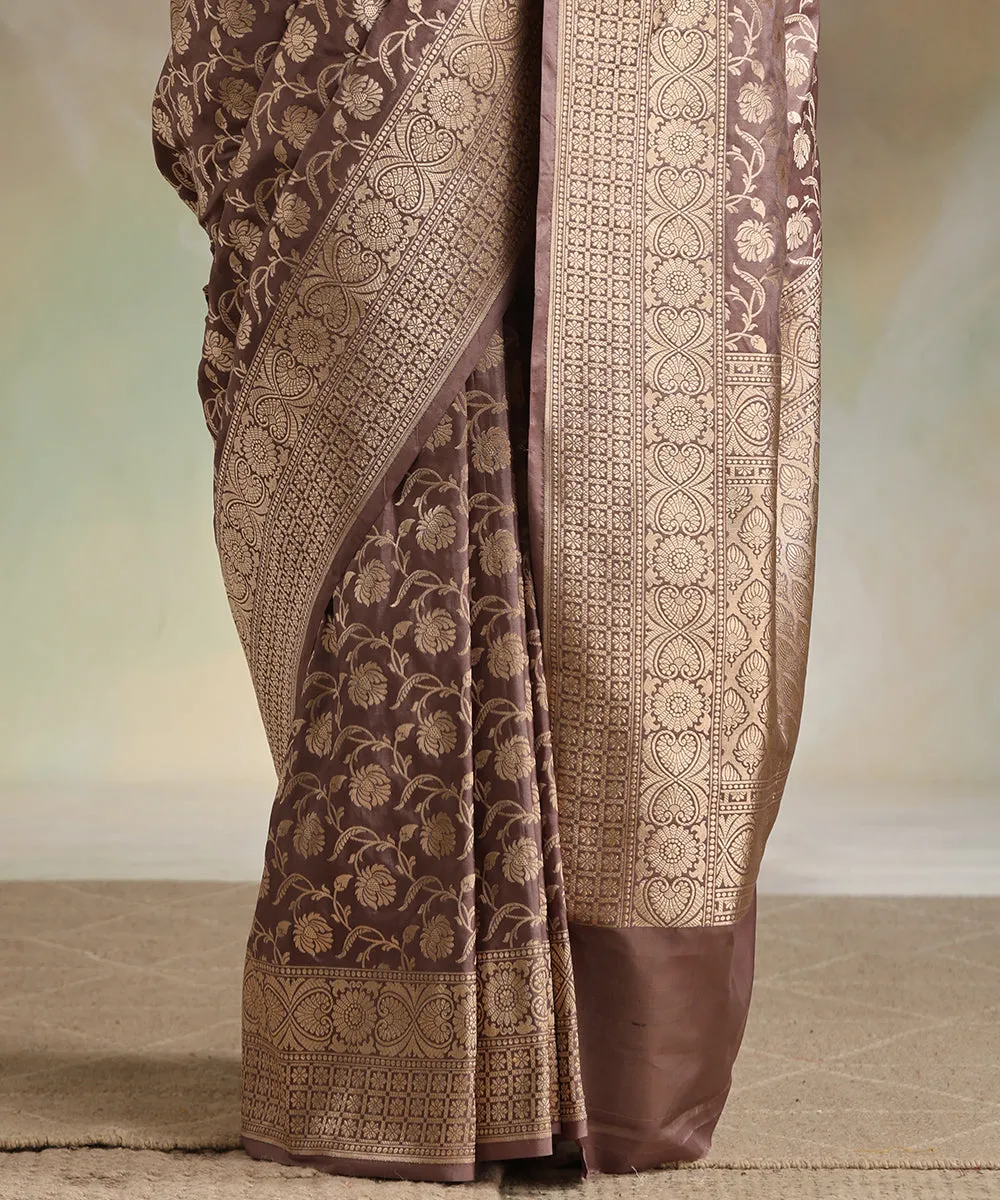 Handloom Espresso Pure Katan Silk Banarasi Saree With Cutwork Jaal