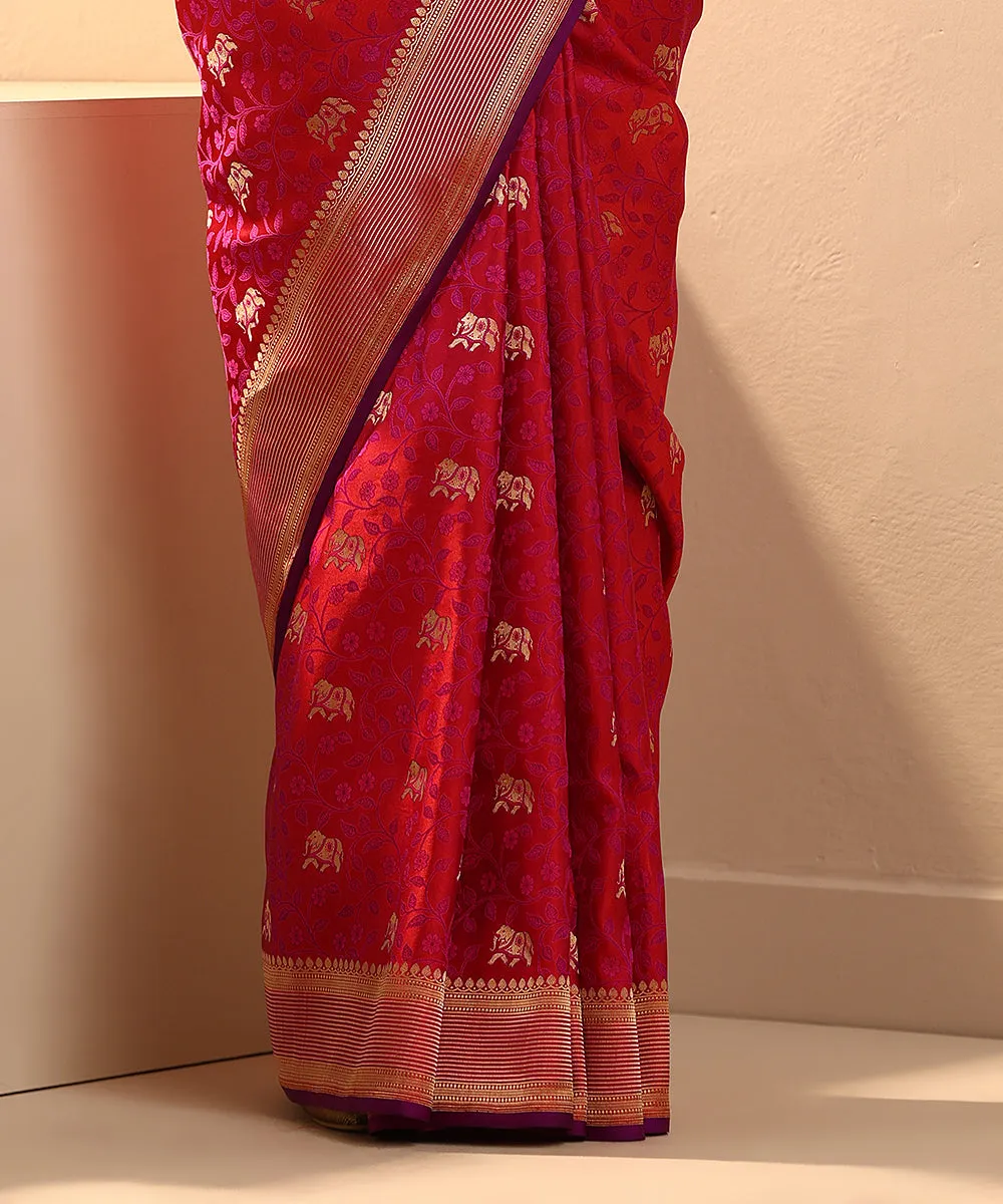 Handloom Magenta Pure Satin Silk Tanchoi Banarasi Saree With Elephants Booti