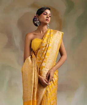 Handloom Mustard Pure Katan Silk Banarasi Saree With Gold Zari Cutwork Jaal