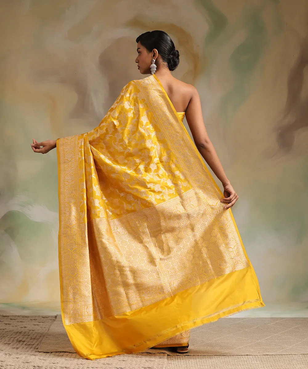 Handloom Mustard Pure Katan Silk Banarasi Saree With Gold Zari Cutwork Jaal