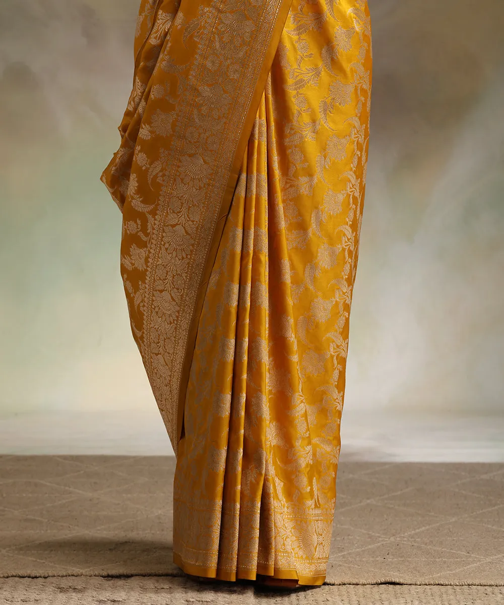 Handloom Mustard Pure Katan Silk Banarasi Saree With Gold Zari Cutwork Jaal