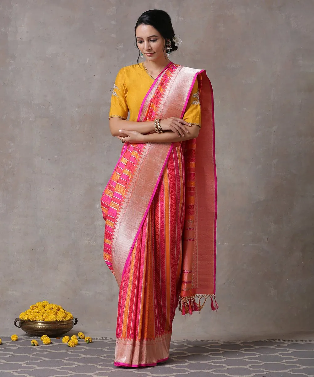 Handloom Pink and Orange Dual Tone Pure Katan Silk Banarasi Saree with Aada Jaal