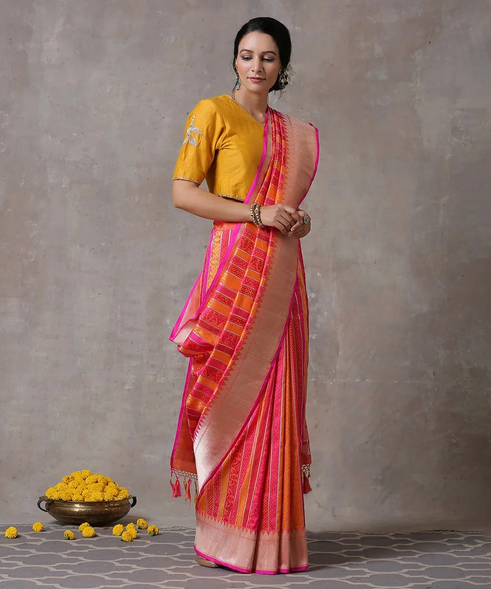 Handloom Pink and Orange Dual Tone Pure Katan Silk Banarasi Saree with Aada Jaal