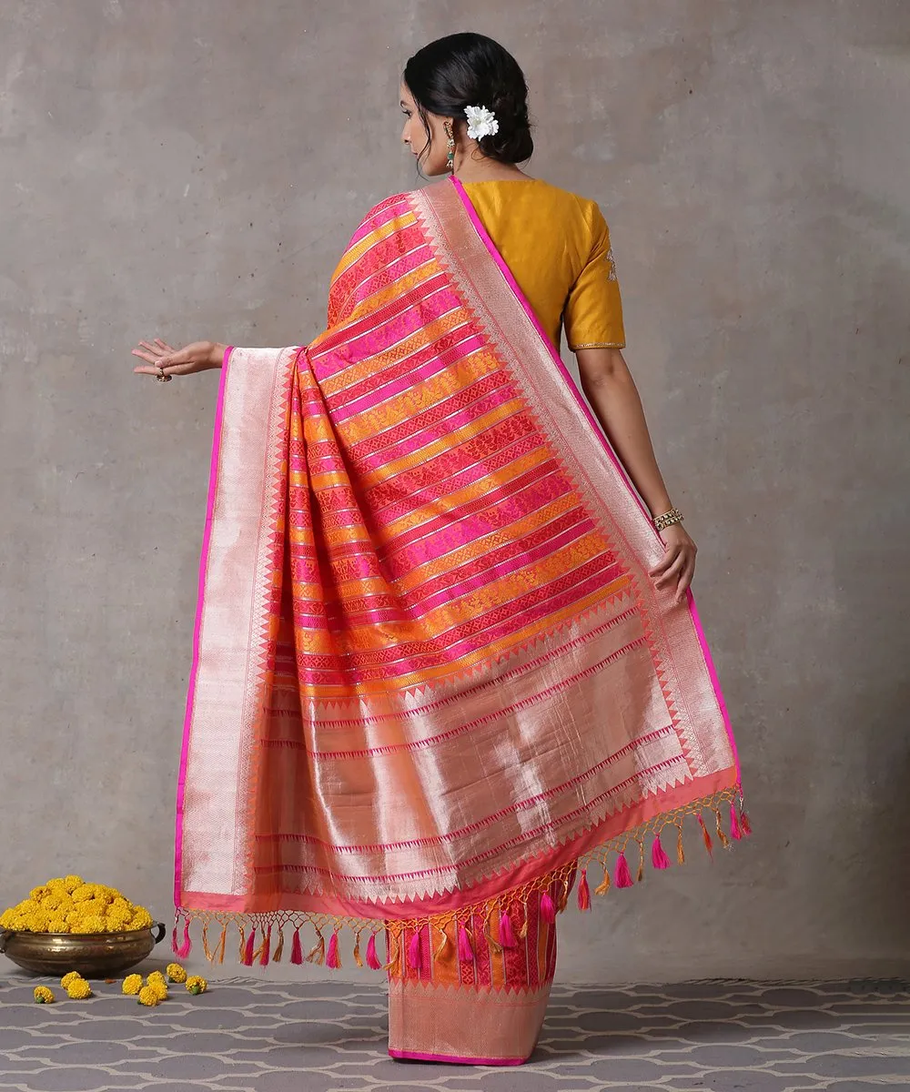 Handloom Pink and Orange Dual Tone Pure Katan Silk Banarasi Saree with Aada Jaal