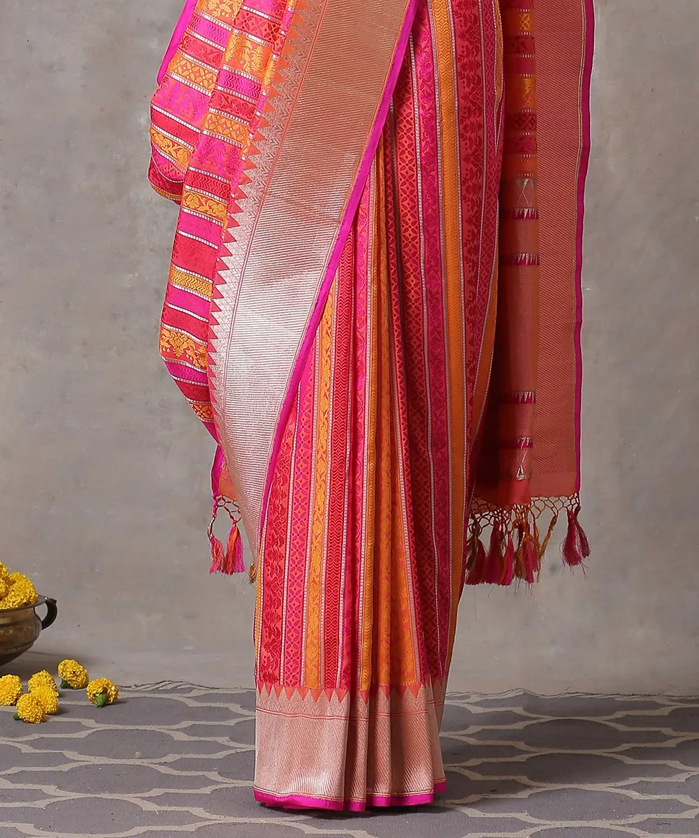 Handloom Pink and Orange Dual Tone Pure Katan Silk Banarasi Saree with Aada Jaal