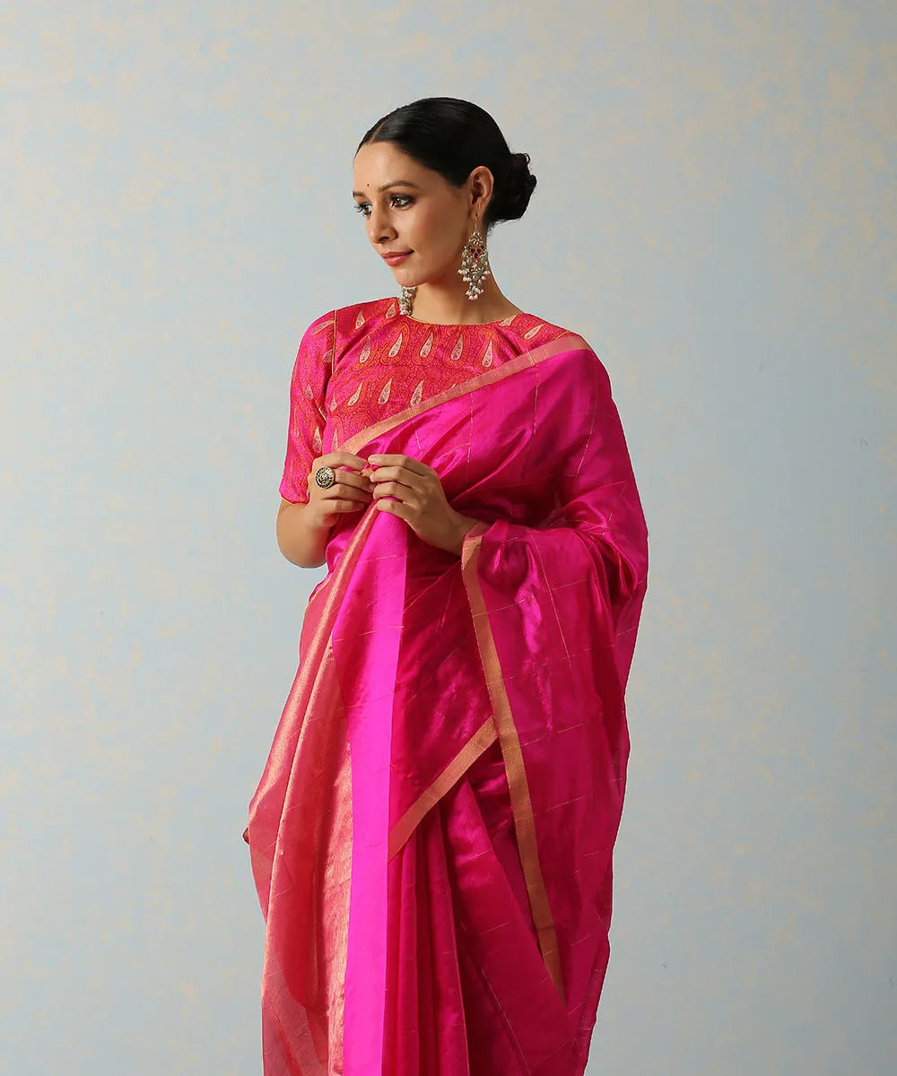 Handloom Pink Silk Chanderi Saree With Zari Squares