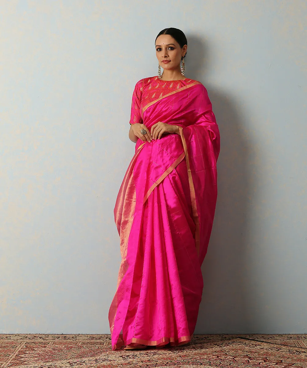 Handloom Pink Silk Chanderi Saree With Zari Squares