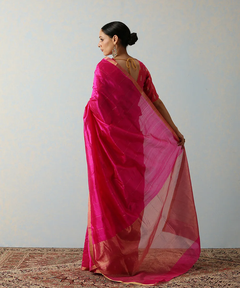 Handloom Pink Silk Chanderi Saree With Zari Squares