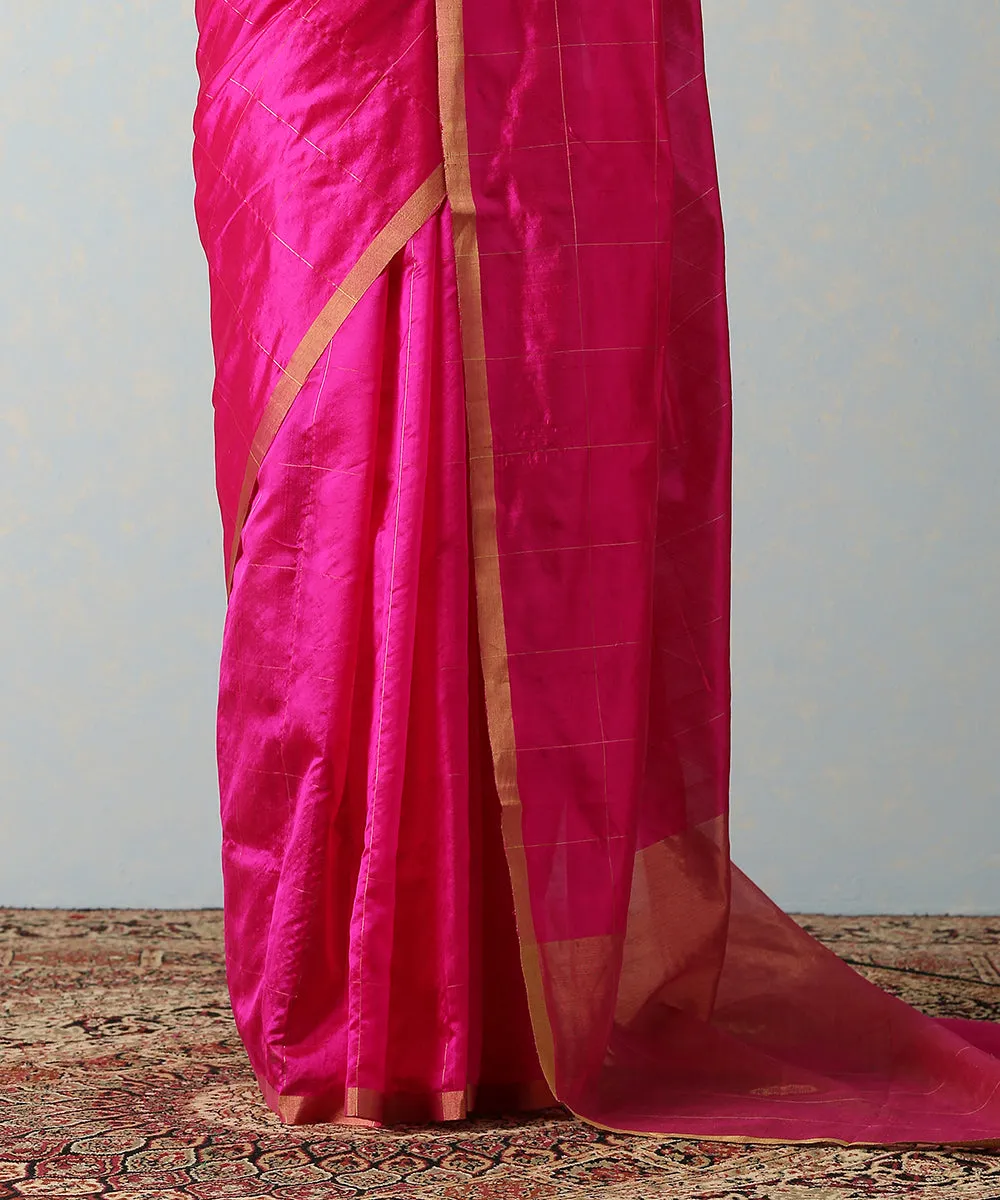 Handloom Pink Silk Chanderi Saree With Zari Squares