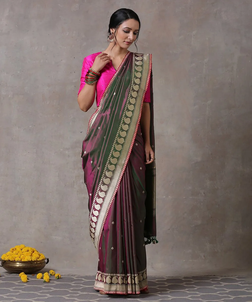 Handloom Purple and Green Dual Tone Pure Katan Silk Banarasi Saree with Paisley Border