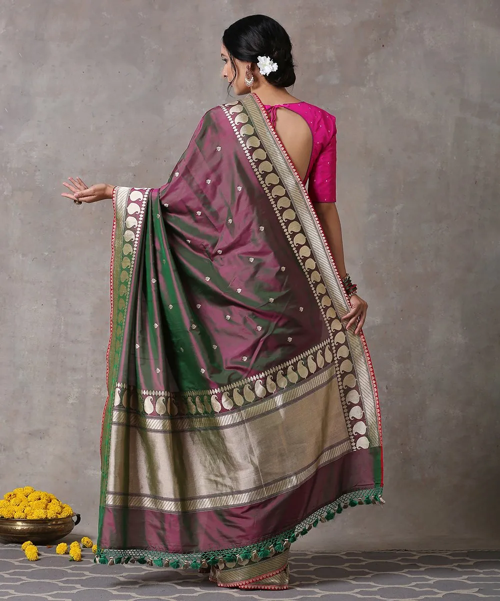 Handloom Purple and Green Dual Tone Pure Katan Silk Banarasi Saree with Paisley Border