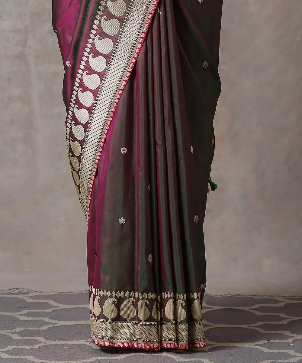 Handloom Purple and Green Dual Tone Pure Katan Silk Banarasi Saree with Paisley Border