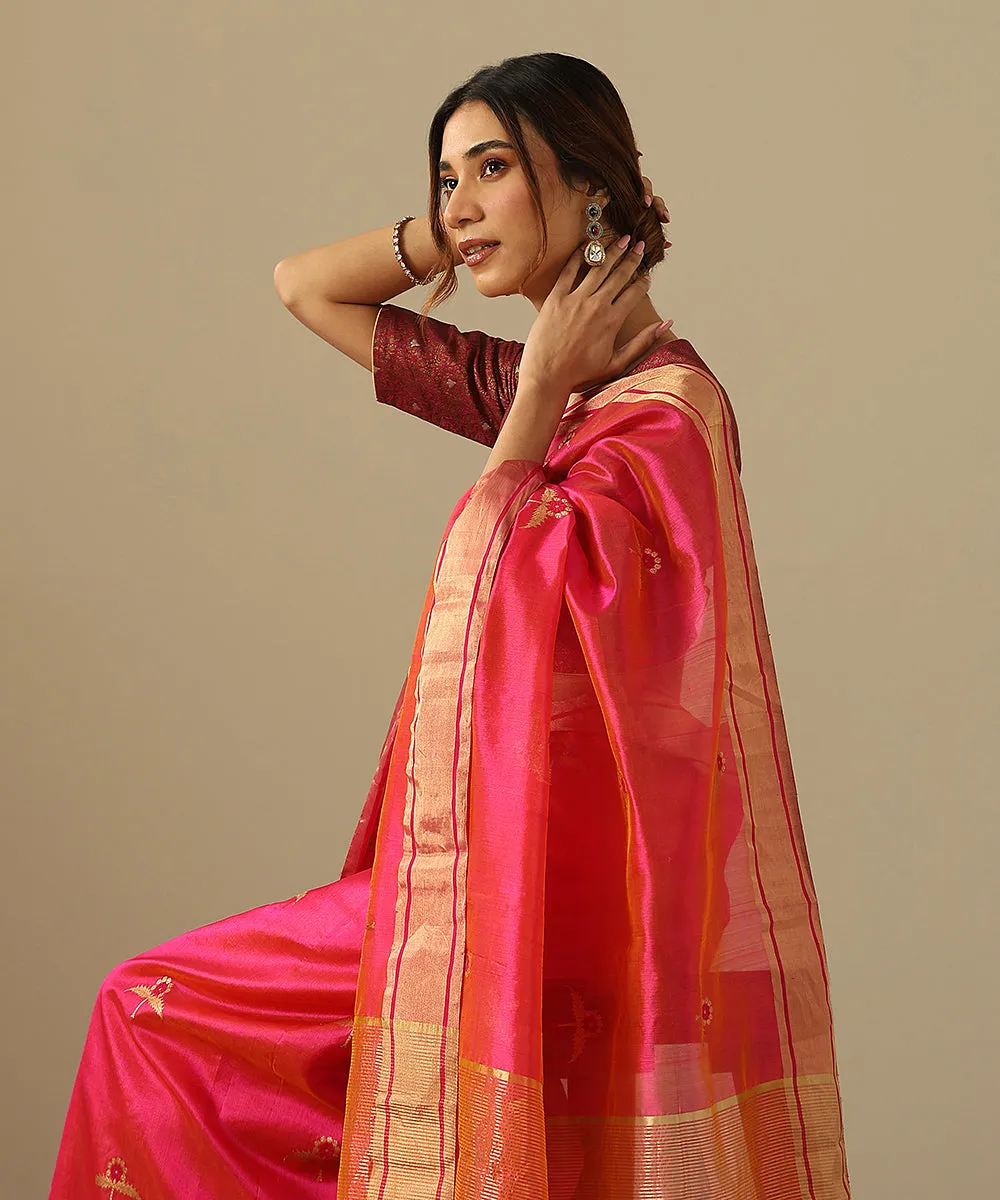 Handloom Rani Pink Double Shade Pure Chanderi Silk Saree With Two Leaf Flower And Meena