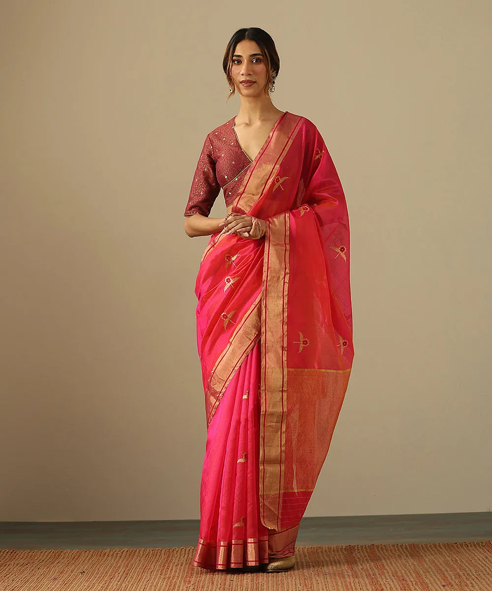 Handloom Rani Pink Double Shade Pure Chanderi Silk Saree With Two Leaf Flower And Meena