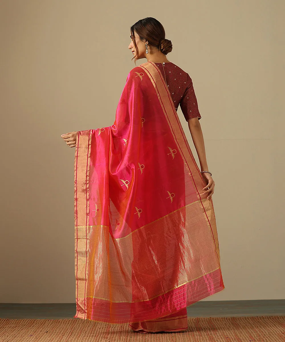 Handloom Rani Pink Double Shade Pure Chanderi Silk Saree With Two Leaf Flower And Meena