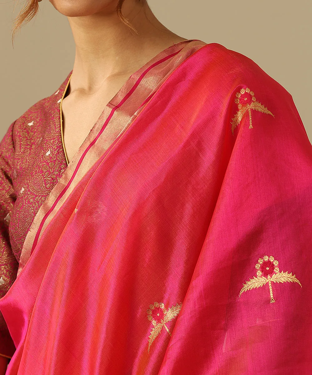 Handloom Rani Pink Double Shade Pure Chanderi Silk Saree With Two Leaf Flower And Meena