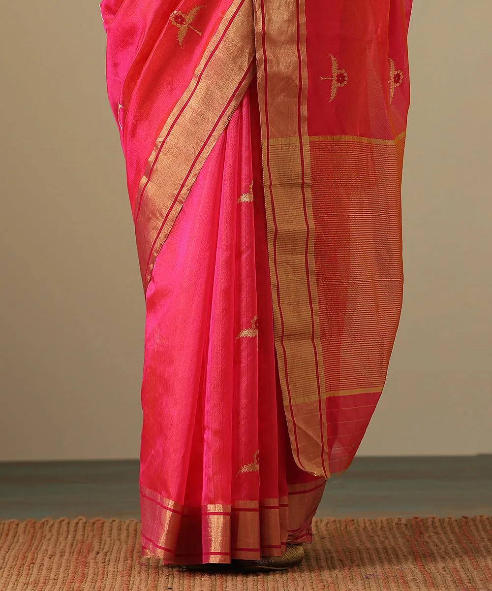 Handloom Rani Pink Double Shade Pure Chanderi Silk Saree With Two Leaf Flower And Meena