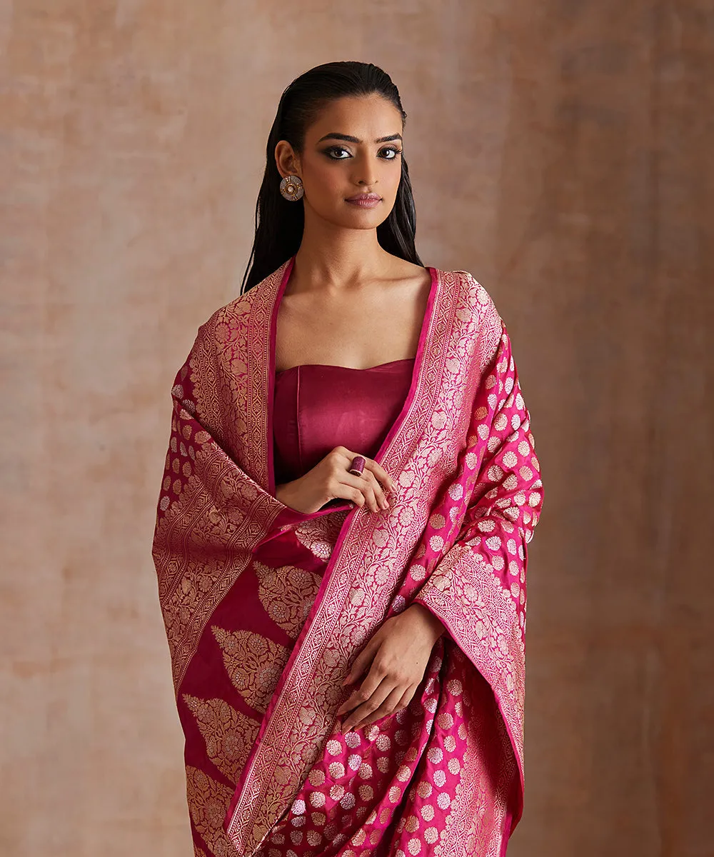 Handloom Rani Pink Pure Katan Silk Banarasi Saree With Sona Rupa Kadhwa Booti