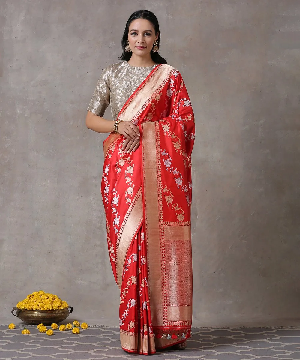 Handloom Red Pure Katan Silk Banarasi Saree with Kadhwa Sona Rupa Diagonal Jaal