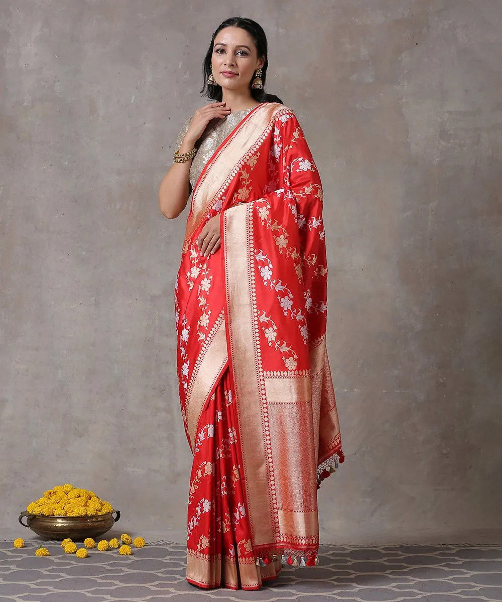 Handloom Red Pure Katan Silk Banarasi Saree with Kadhwa Sona Rupa Diagonal Jaal