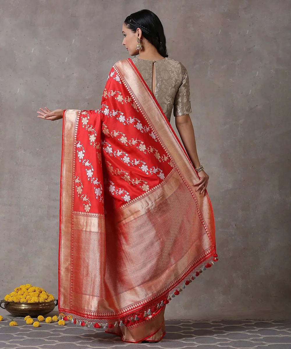 Handloom Red Pure Katan Silk Banarasi Saree with Kadhwa Sona Rupa Diagonal Jaal