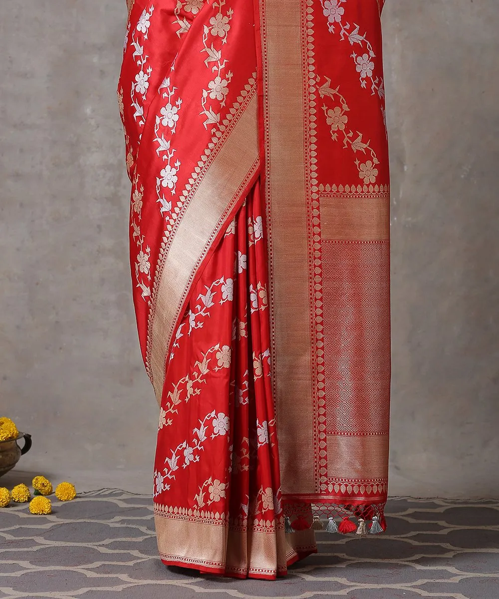 Handloom Red Pure Katan Silk Banarasi Saree with Kadhwa Sona Rupa Diagonal Jaal