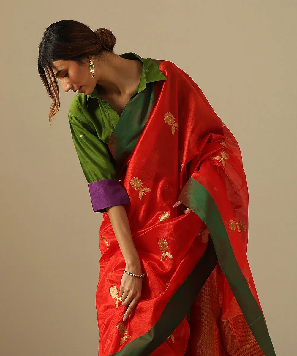 Handloom Red Pure Silk Chanderi Saree With Marigold Boota And Green Border