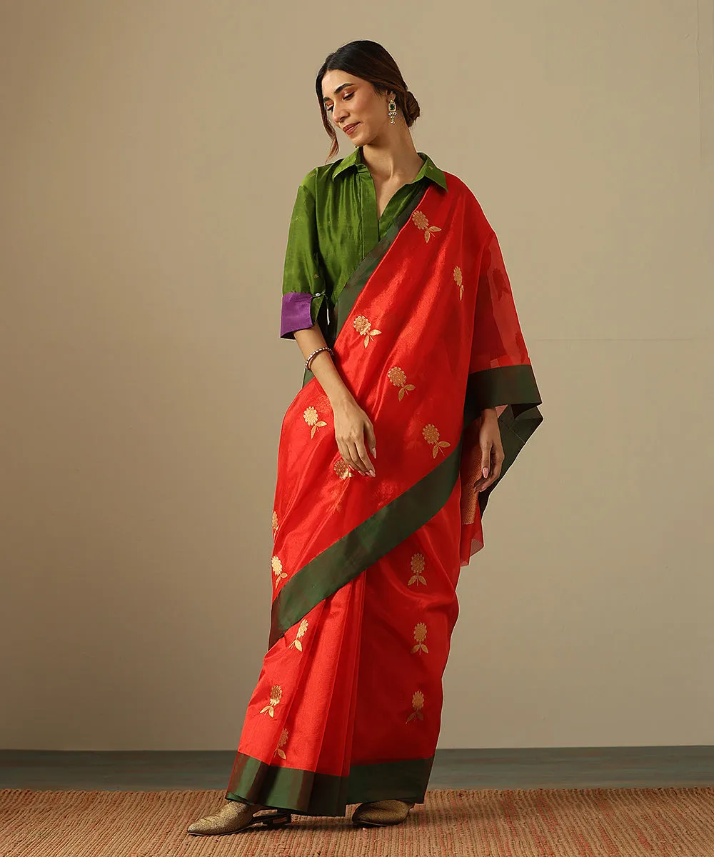 Handloom Red Pure Silk Chanderi Saree With Marigold Boota And Green Border