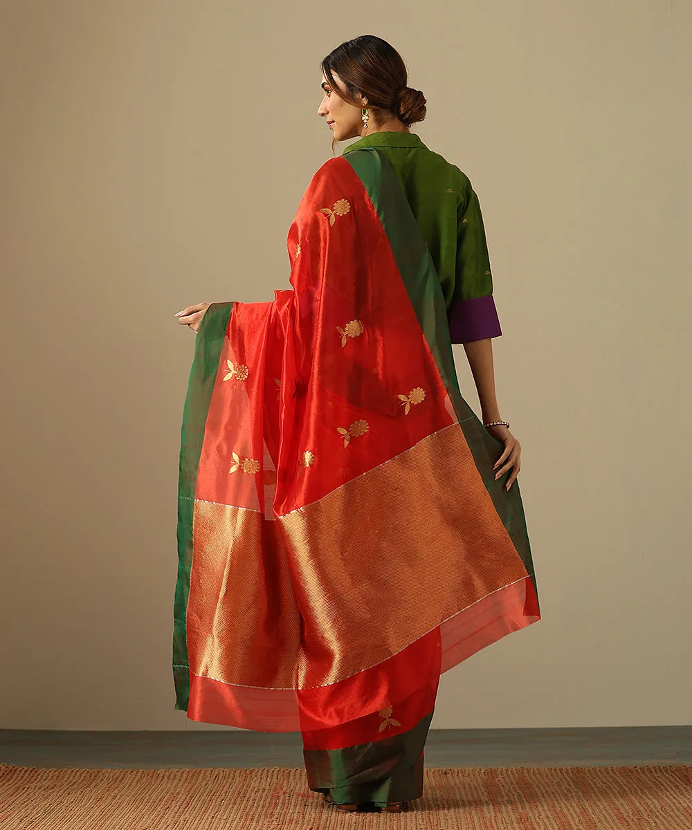 Handloom Red Pure Silk Chanderi Saree With Marigold Boota And Green Border