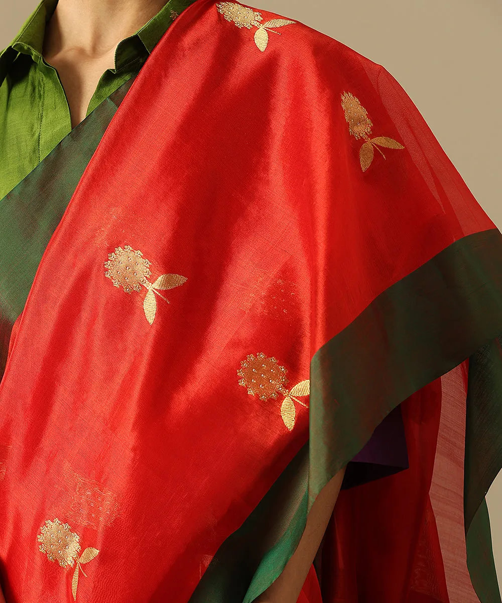 Handloom Red Pure Silk Chanderi Saree With Marigold Boota And Green Border