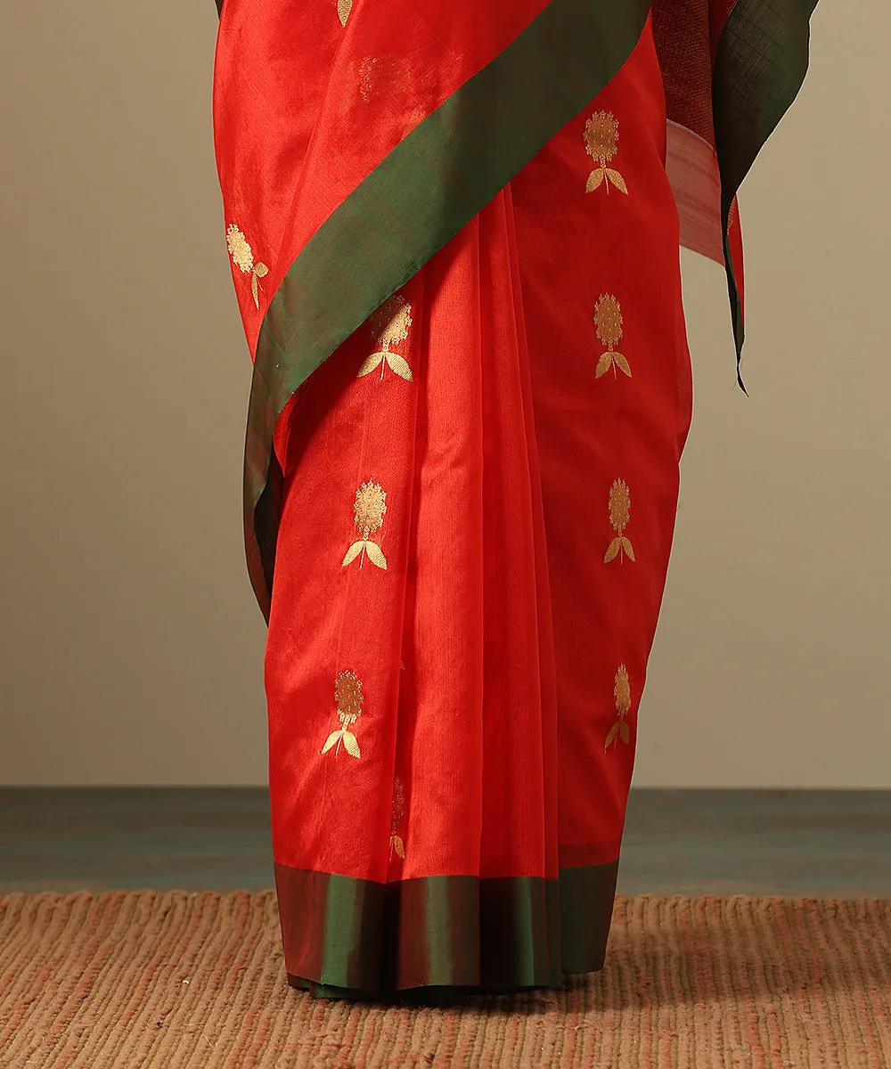 Handloom Red Pure Silk Chanderi Saree With Marigold Boota And Green Border