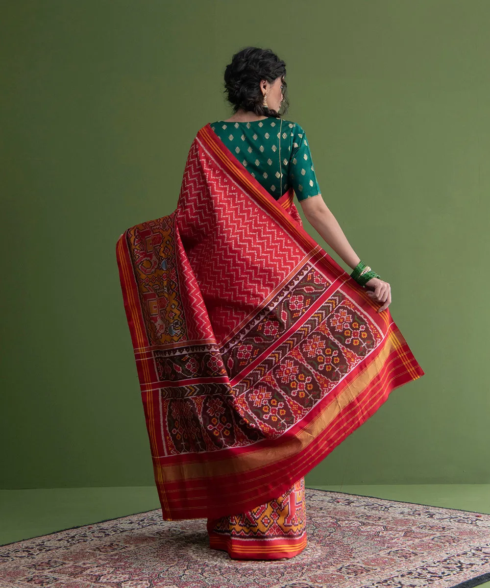 Handloom Red Single Ikat Weft Dyed 8 Ply Mulberry Silk Patola Saree With Chevrons