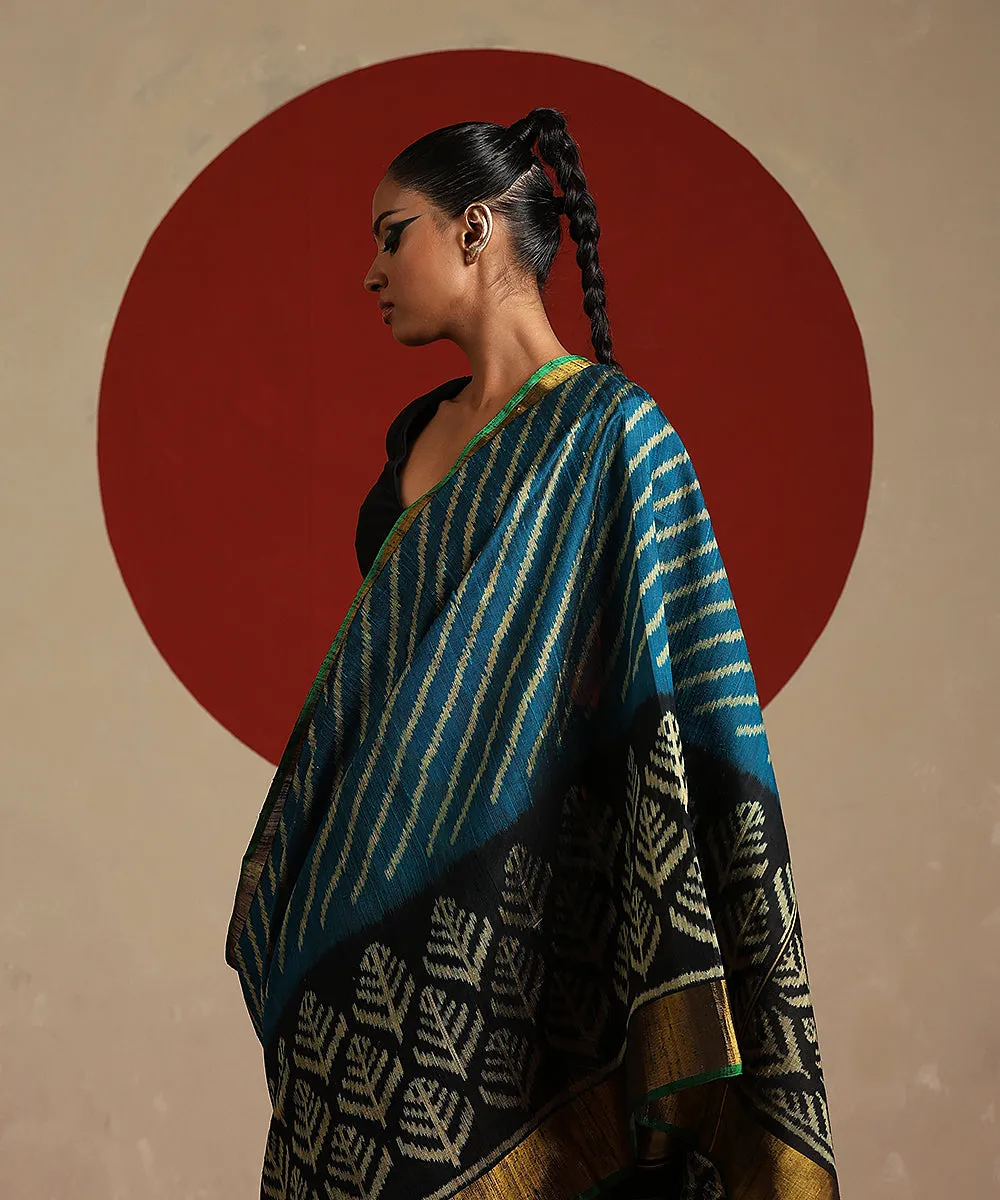 Handloom Teal And Black Double Shade Raw Silk Single Ikat Patola Saree