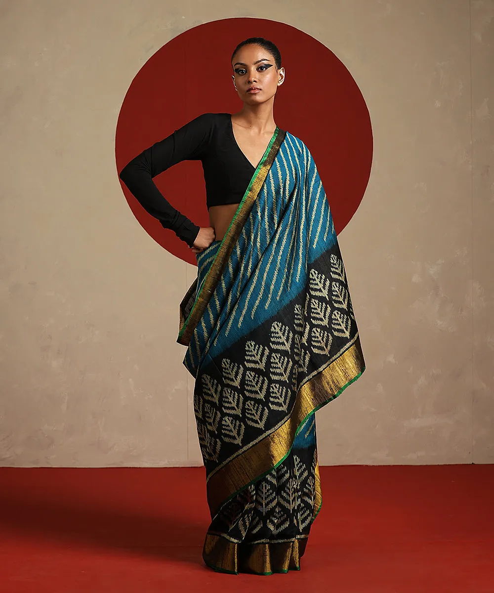 Handloom Teal And Black Double Shade Raw Silk Single Ikat Patola Saree