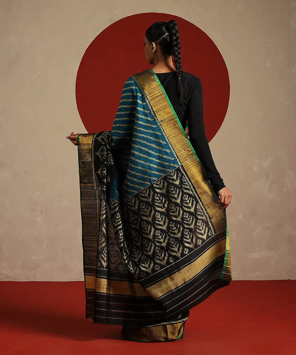 Handloom Teal And Black Double Shade Raw Silk Single Ikat Patola Saree