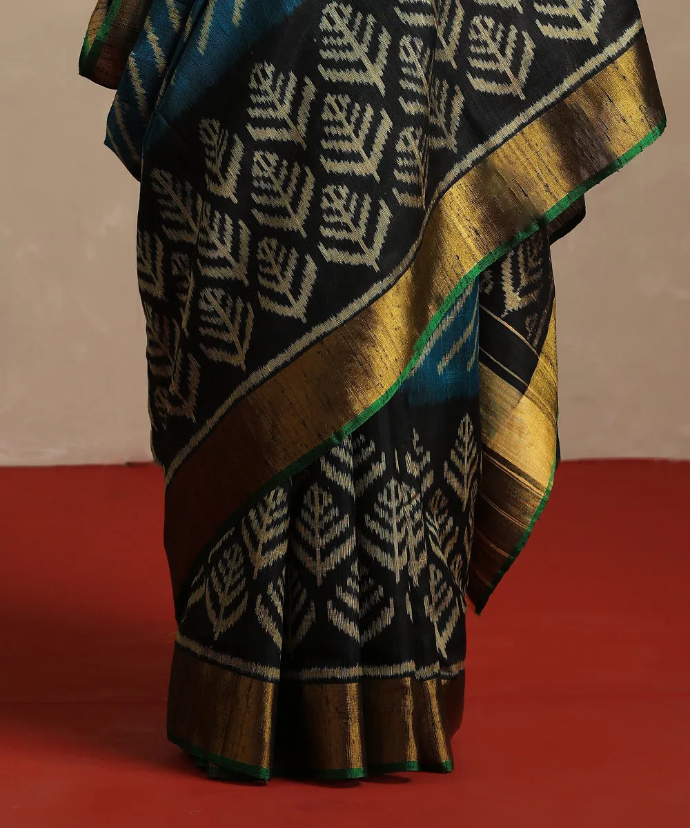 Handloom Teal And Black Double Shade Raw Silk Single Ikat Patola Saree