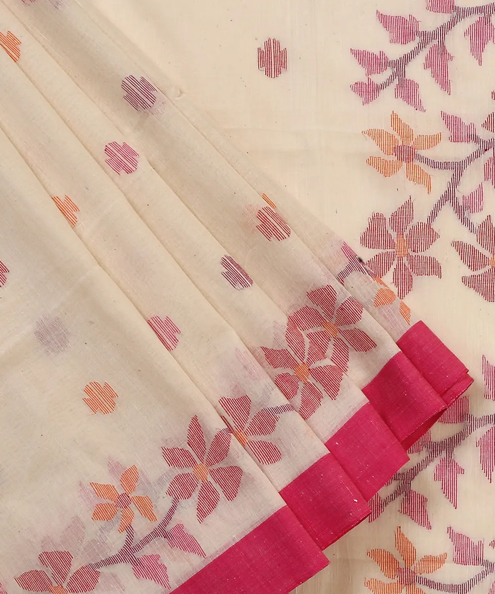 Handloom White Cotton Jamdani Saree With Floral Border Pallu