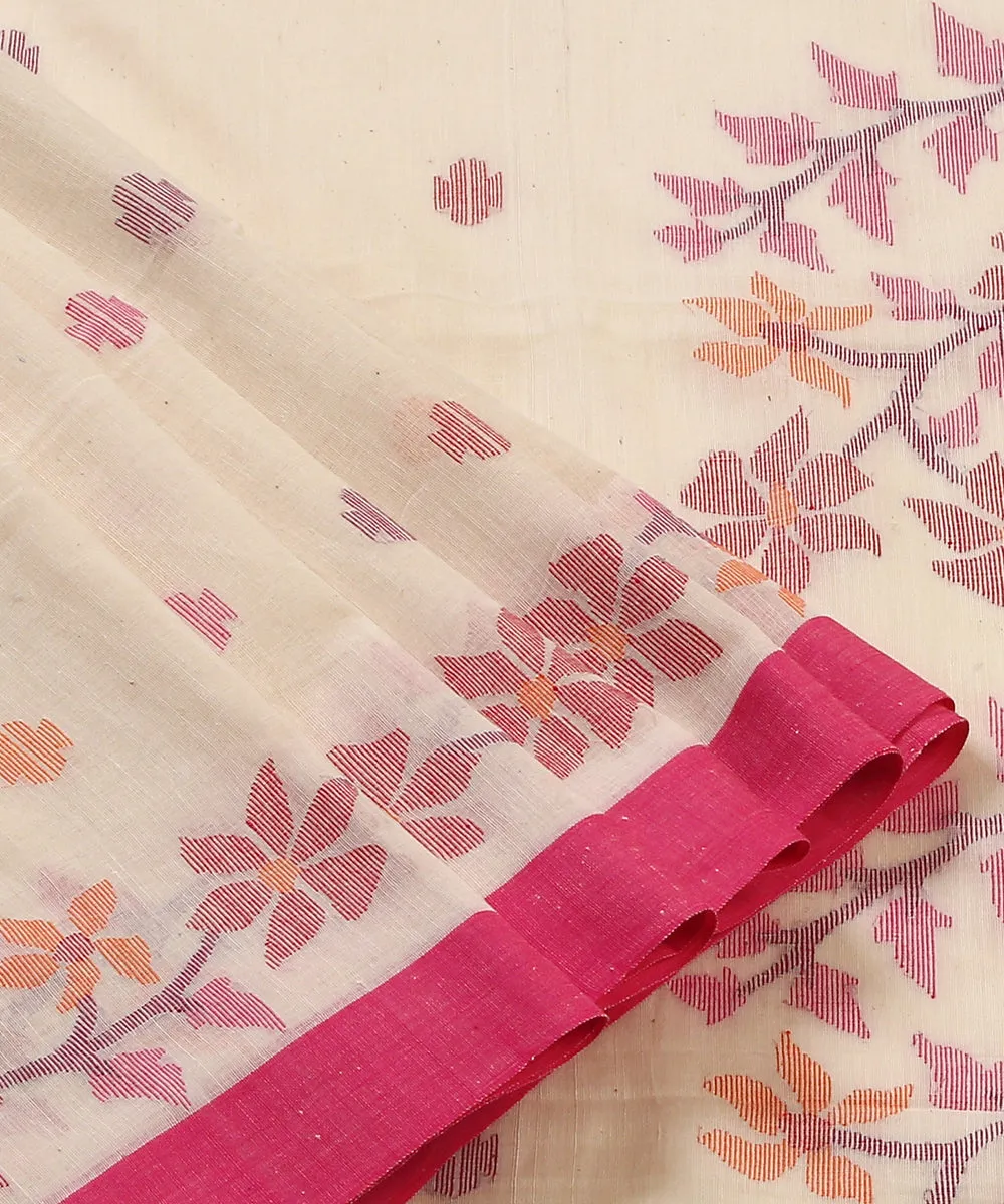 Handloom White Cotton Jamdani Saree With Floral Border Pallu