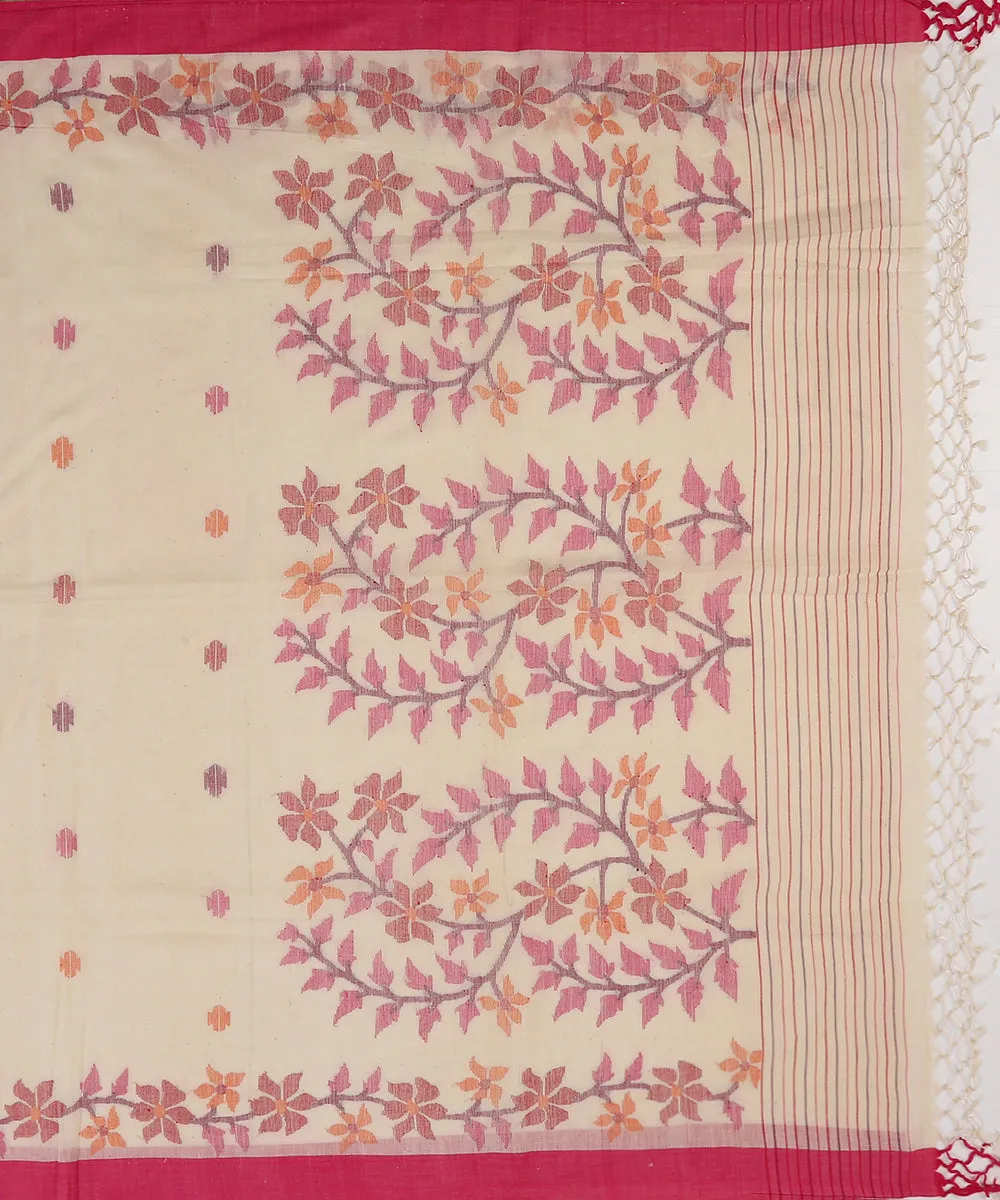 Handloom White Cotton Jamdani Saree With Floral Border Pallu