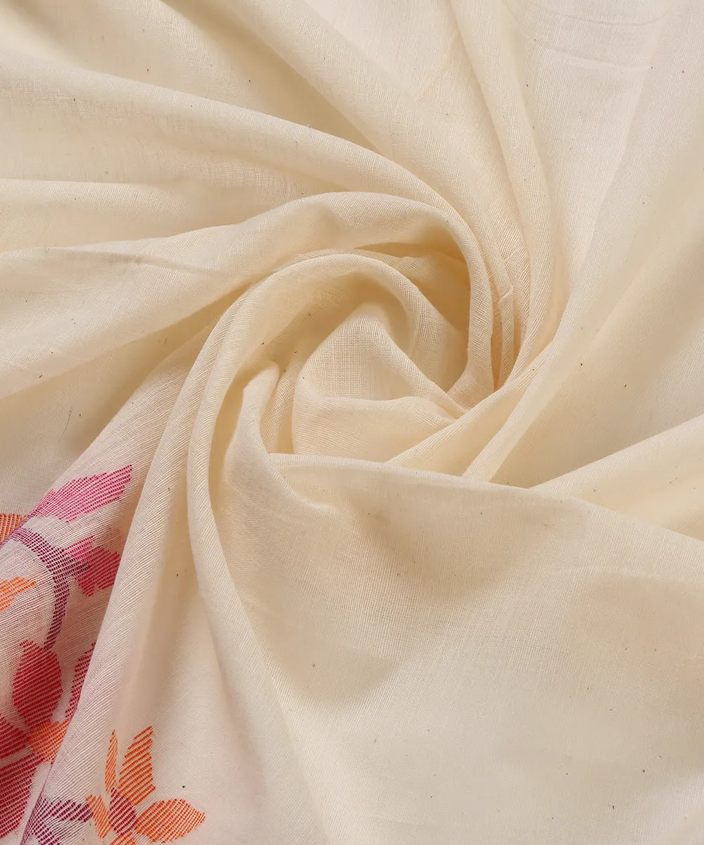 Handloom White Cotton Jamdani Saree With Floral Border Pallu