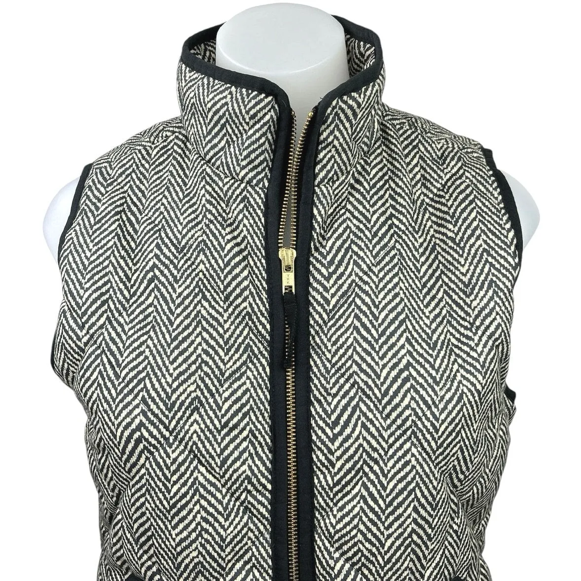 J Crew Black White Herringbone Zip Up Quilted Down Puffer Vest Coat Jacket XS