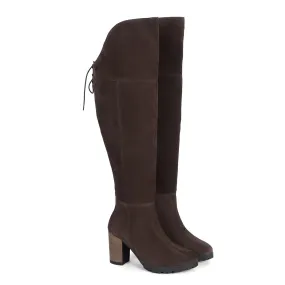 Knee Height Top lace-Up Zip Closure Dark Brown Suede Leather Ladies Blocked Heel Boot By Brune & Bareskin