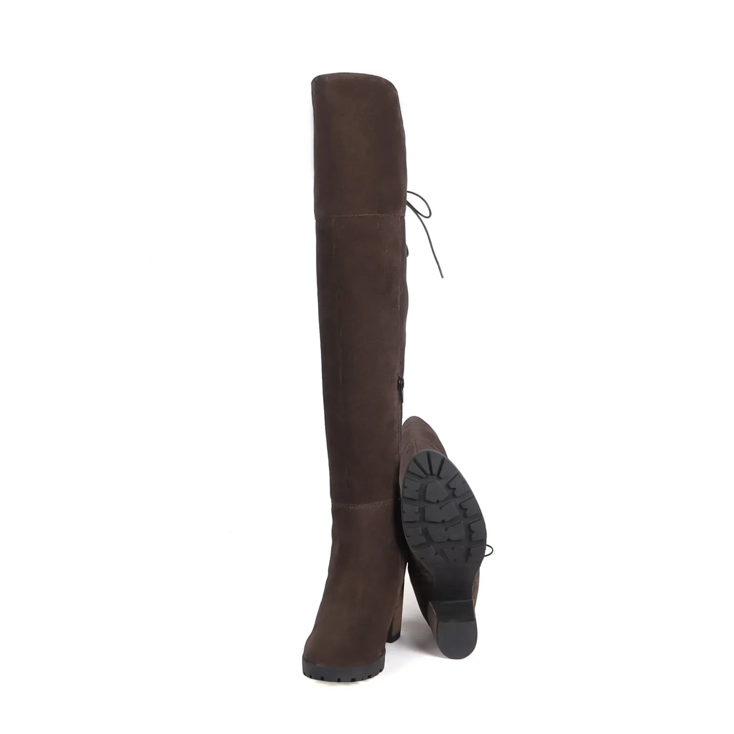 Knee Height Top lace-Up Zip Closure Dark Brown Suede Leather Ladies Blocked Heel Boot By Brune & Bareskin