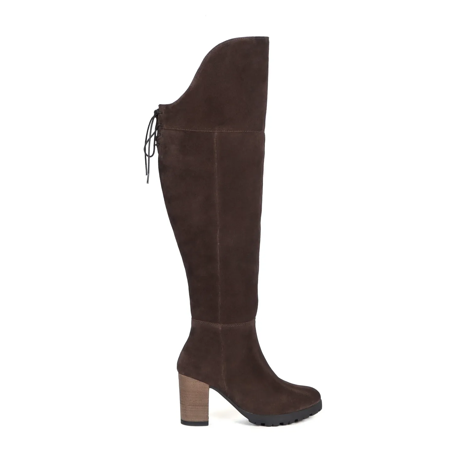 Knee Height Top lace-Up Zip Closure Dark Brown Suede Leather Ladies Blocked Heel Boot By Brune & Bareskin