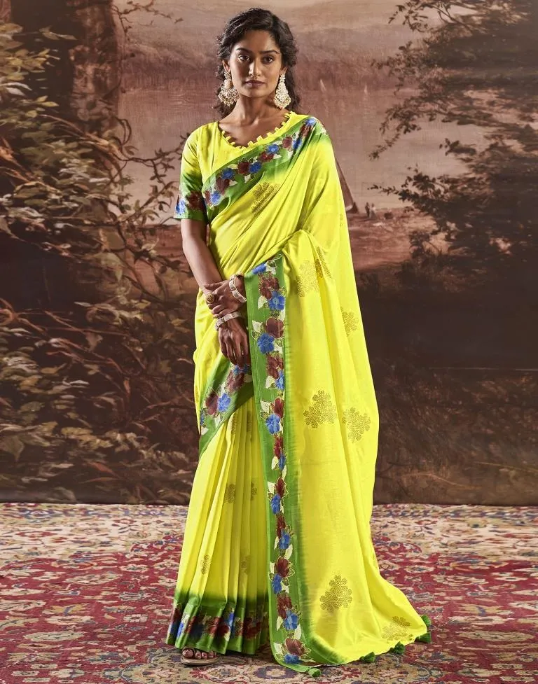 Lemon Yellow Silk Printed Sarees